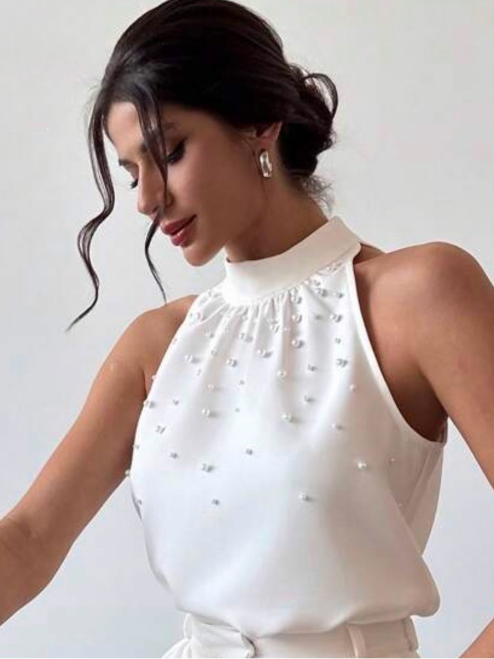 Pearl blouse silky beaded sleeveless shell silk halter top t off white cream M 6